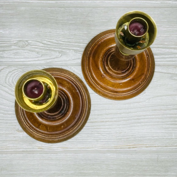 Vintage Brass Turned Wood Georgian Colonial Candlesticks set Holder / Hurricane - Picture 4 of 13
